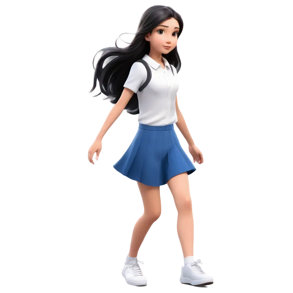Cartoon character realistic style of a 12 years old girl. She has white skin, long black hair, big light brown eyes. how her back  not her face. She is wearing a white button up shirt shot sleeve top, a blue skirt and white shoes.  She is walking away. S