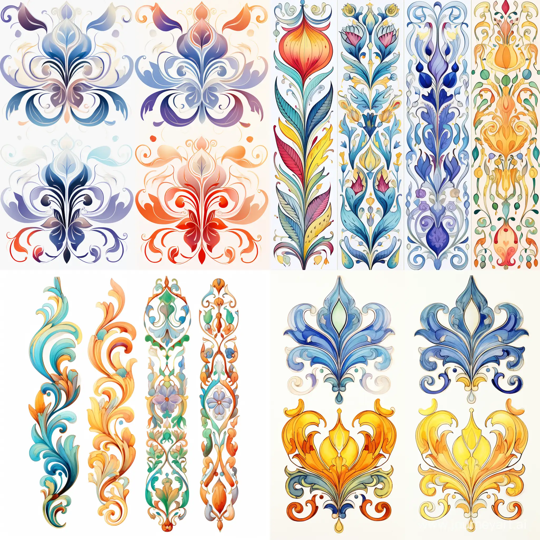 Four variations of ornament pattern, stylized caricature, Vikto Ngai, watercolor, decorative, flat drawing