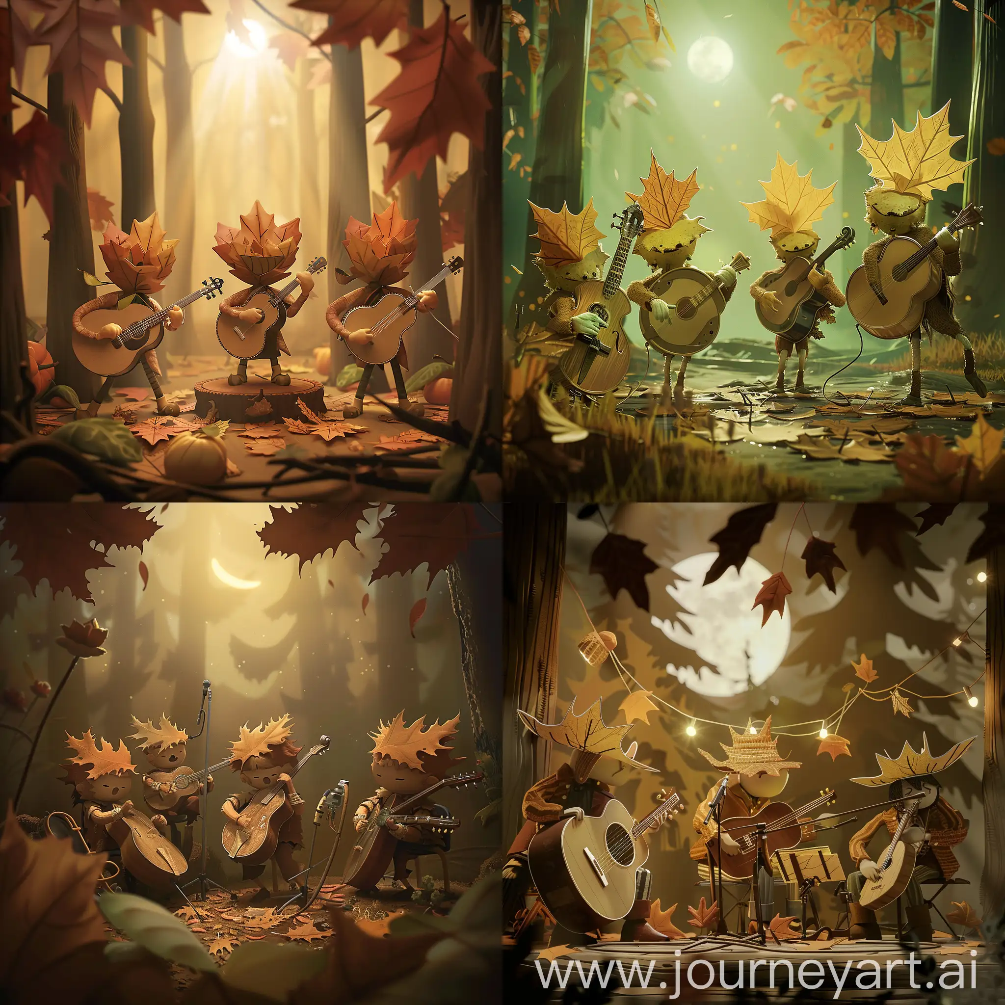 A 2D animation of a folk music band composed of anthropomorphic autumn leaves, each playing traditional bluegrass instruments, amidst a rustic forest setting dappled with the soft light of a harvest moon.