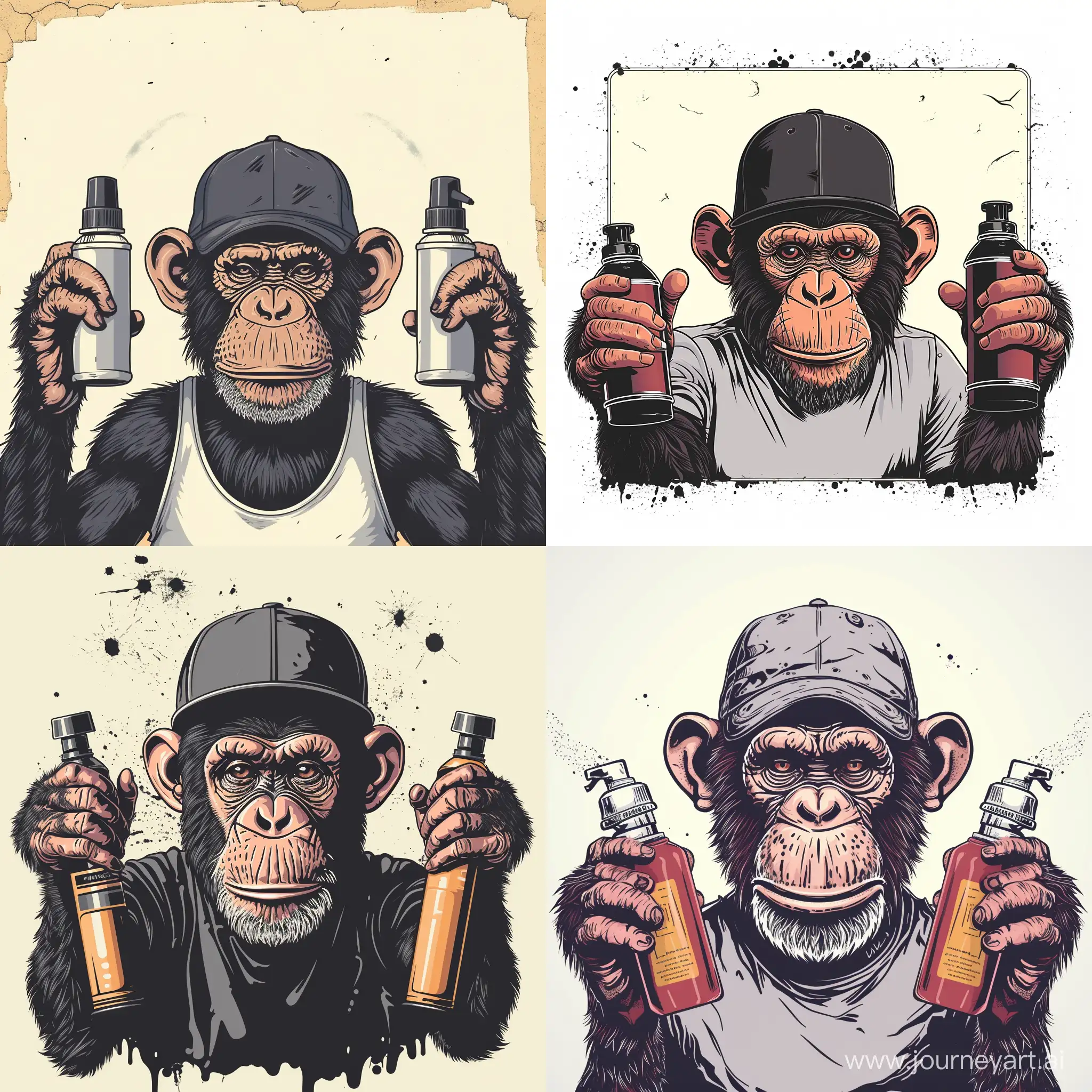 Action: Generate a creative and impactful vector illustration evoking a sense of humor, amusing illustrative graffiti with supporting puns. 

Main Model instruction: A Monkey wear a cap to cover half of his Head. That Monkey hold two spray bottle with two hands. Eliminate the rest of the body part, keep those spaces blank. Only generate his head and hand parts.

Color: Stick to the traditional color scheme like black in White background to reflect the better exposure setting.

Design Composition: The overall layout should be balanced and aesthetically pleasing, with a clever use of spacing, symmetrical and well-aligned accordingly. Ensure the final design edges not cut off or side off. Never use any mockup, just create the artwork with a perfect blank space all the edges. 