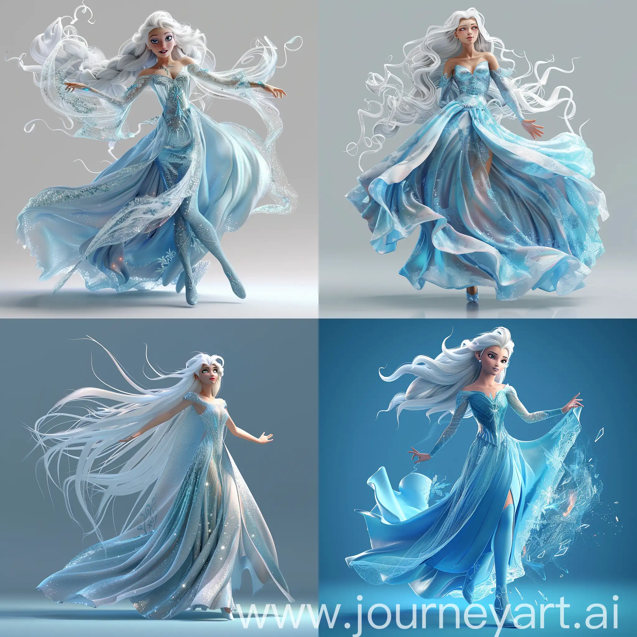 3d Disney style Portrait of a magical queen of ice with an amazing dress and long, white hair, dynamic pose