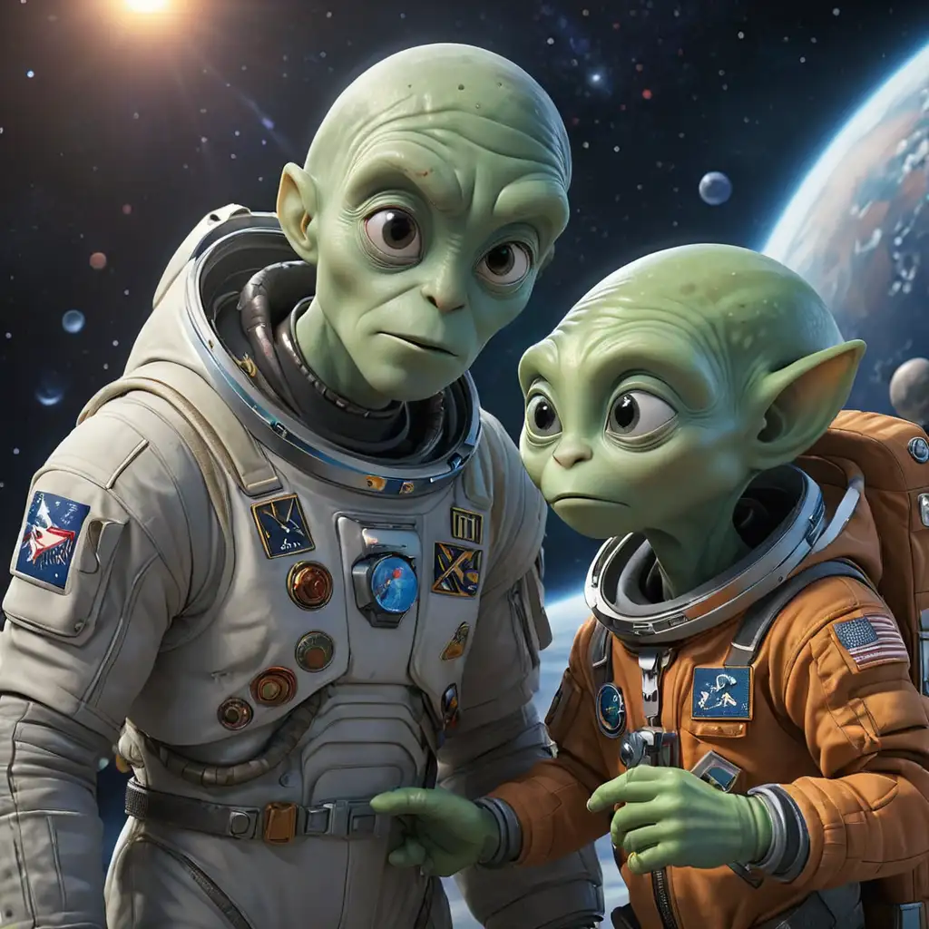 Ein Astronaut trifft auf einen freundlichen Alien, der ihm zeigt, wie man durch das Universum reist.