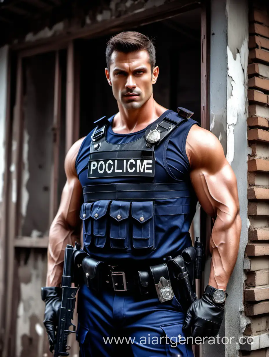 Picture of  handsome and muscular policeman near the rundown house in place of crime