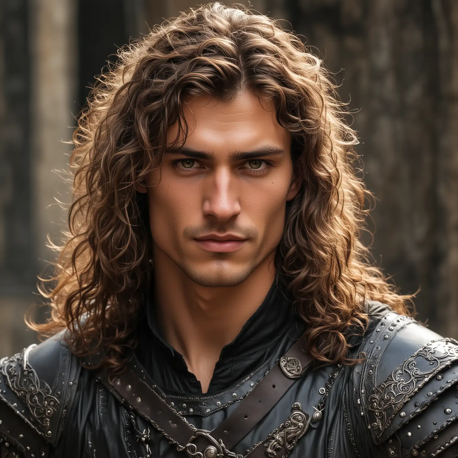 Tall and muscular build beautiful man
Sharp and angular features, including a strong jawline. He is smirking.
Piercing eyes that hold hidden depths of emotion and experience.
Dark, tousled, or unkempt, long, curly hair.
Tan golden skin
He had an intimidating presence with a certain vulnerability in his gaze. He is wearing black fighting leather.. Medieval, dark fantasy poster, full body illustration