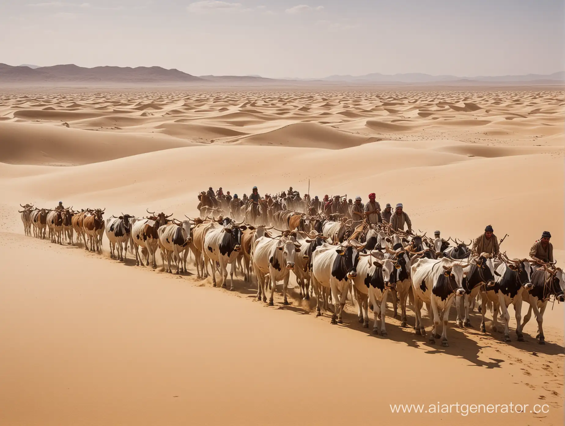 Caravan-of-Cows-Journeying-Through-Desert-Dunes-Amidst-Ambush