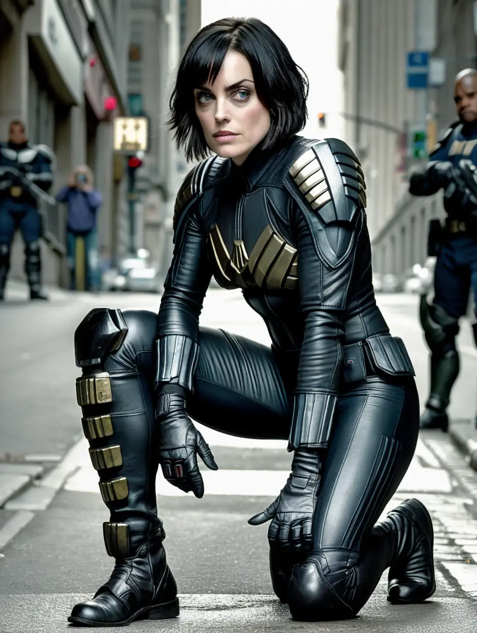 Antje Traue, Judge Hershey, Judge Dredd,  tights,  black hair,  thick,  seductive,  streets,  highly detailed,  squatting
