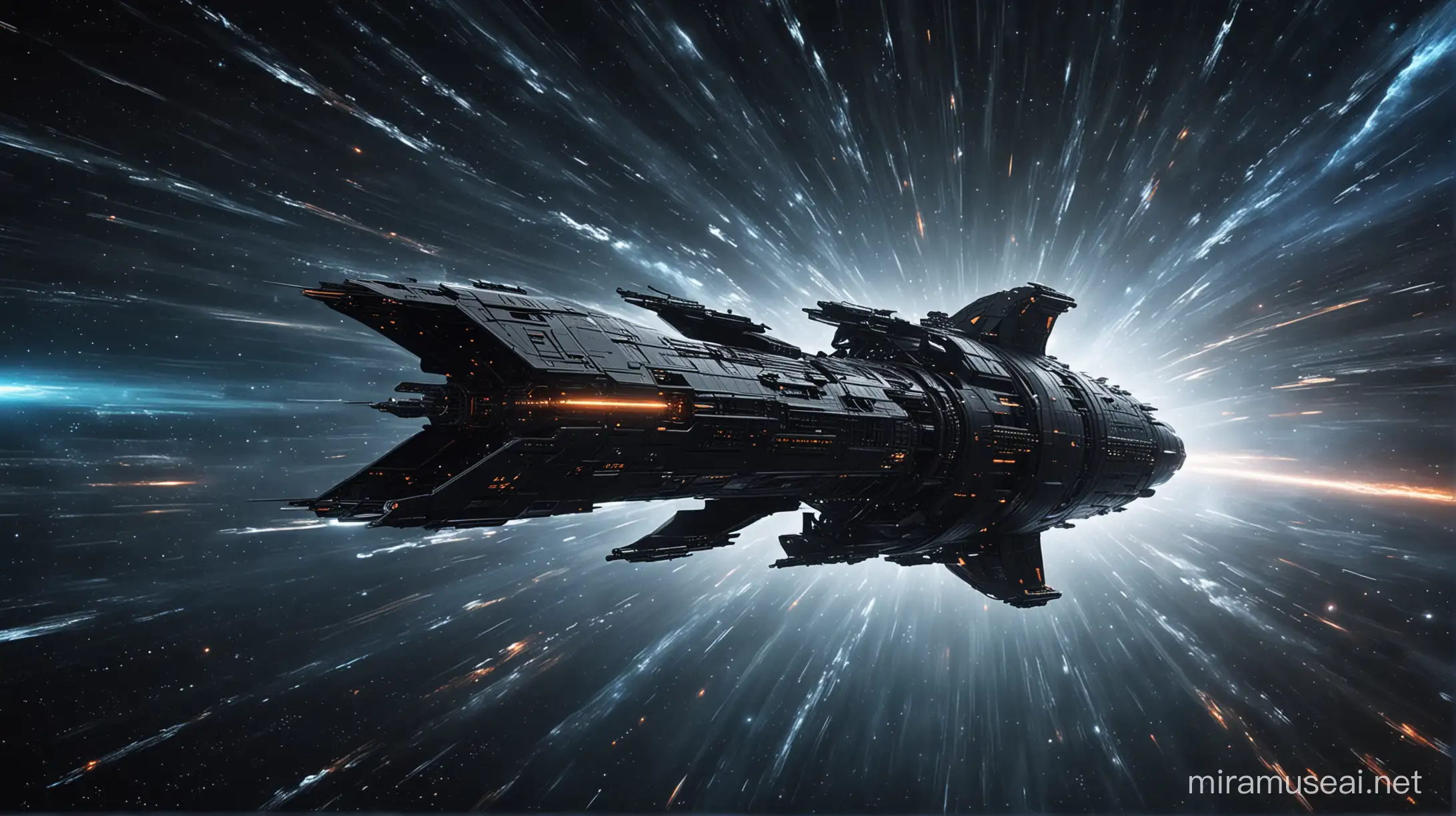 Sleek Black Spaceship Launching into Hyperspace