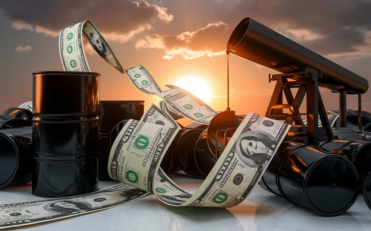 A creative and Realistic, eye catching Image depicting oil crisis, in a (sunset themed color), with black oil barrels, dollar and oil pipeline