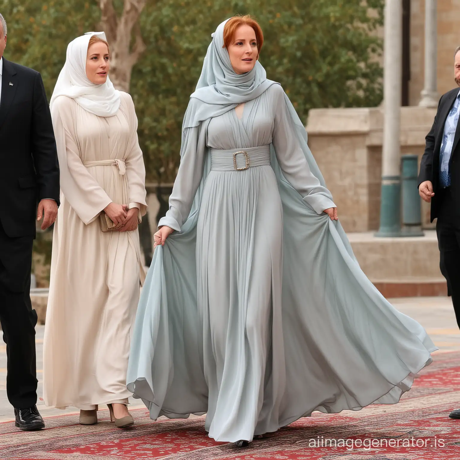 red haired Gillian Anderson in hijab with floor length skirt and long flowing outer abaya hand in hand with president Erdogan
