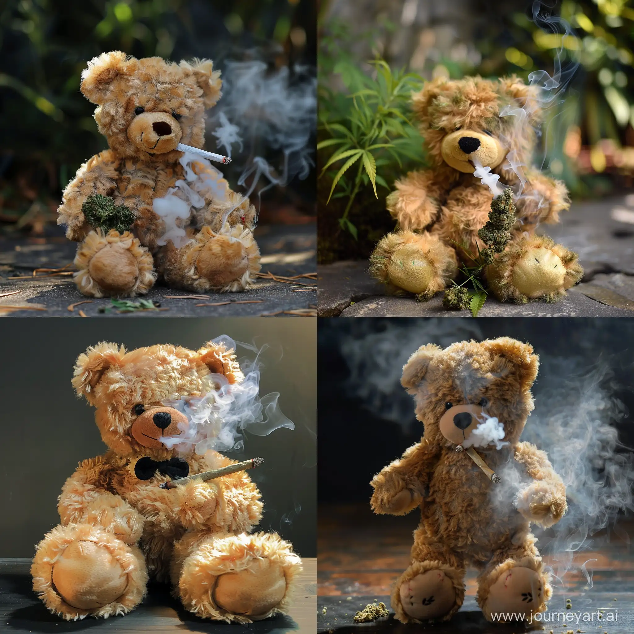 Erstelle ein Bild von einem Teddybär welcher Cannabis raucht