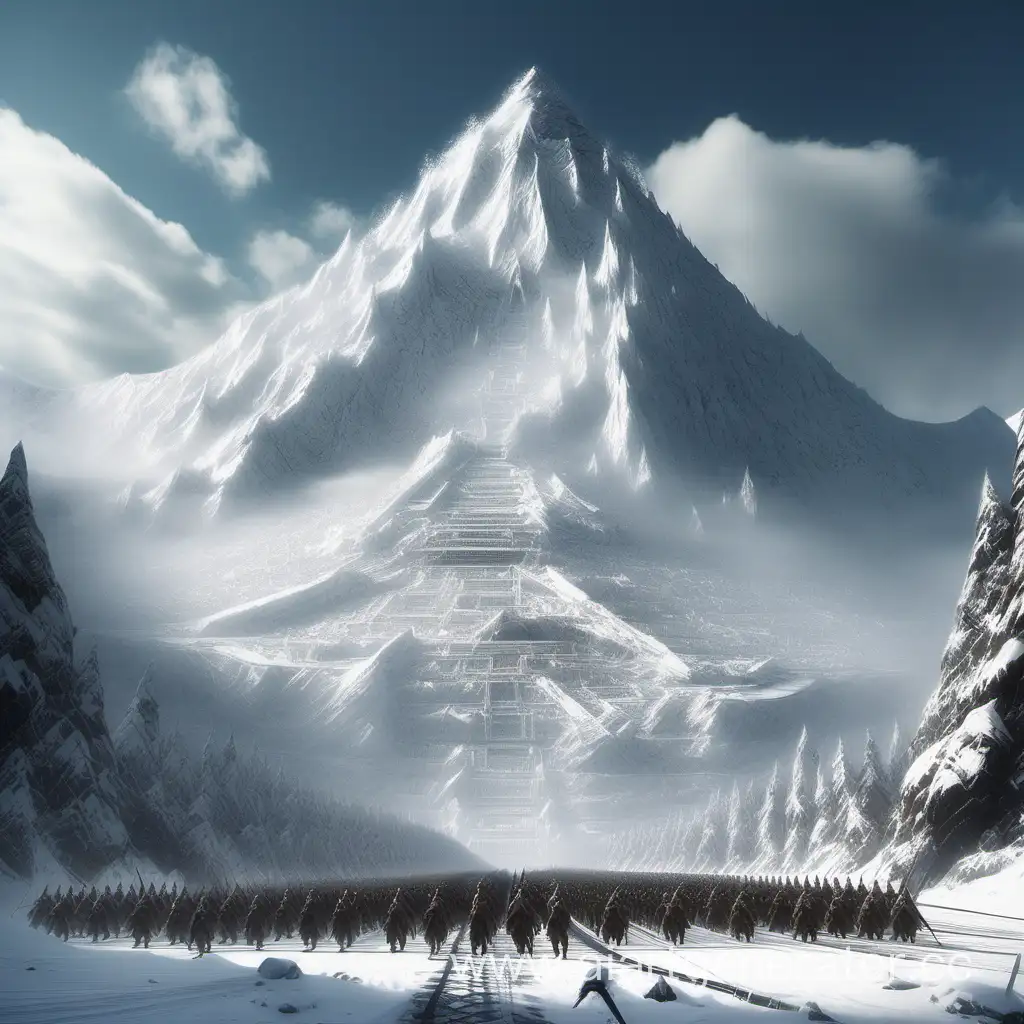 Просто гигантская заснеженная гора, а у подножья гигантское армия готовая наступать на гору.