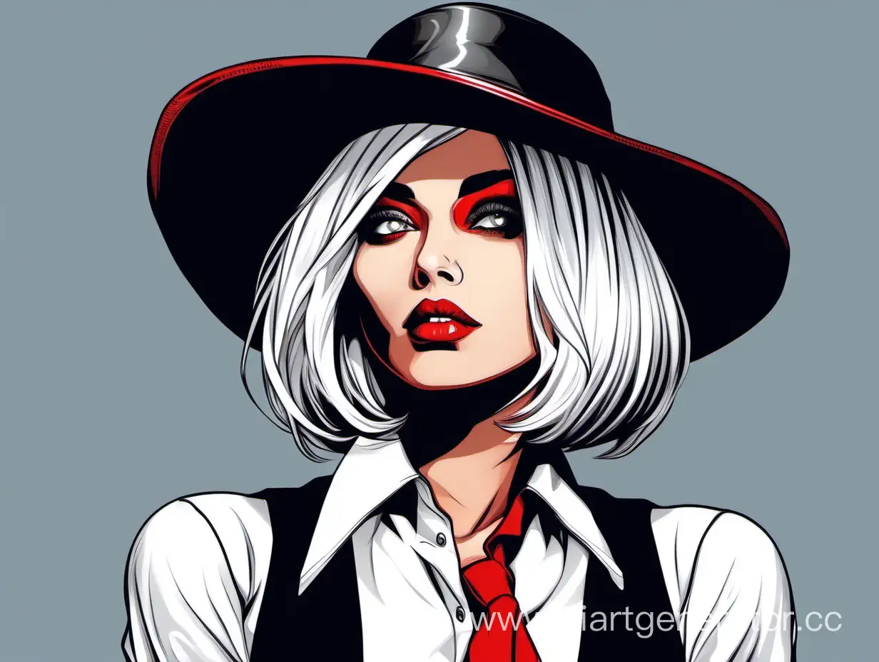 Pop-Art-Woman-with-White-Hair-and-Red-Eyes-Shooting-in-Stylish-Attire