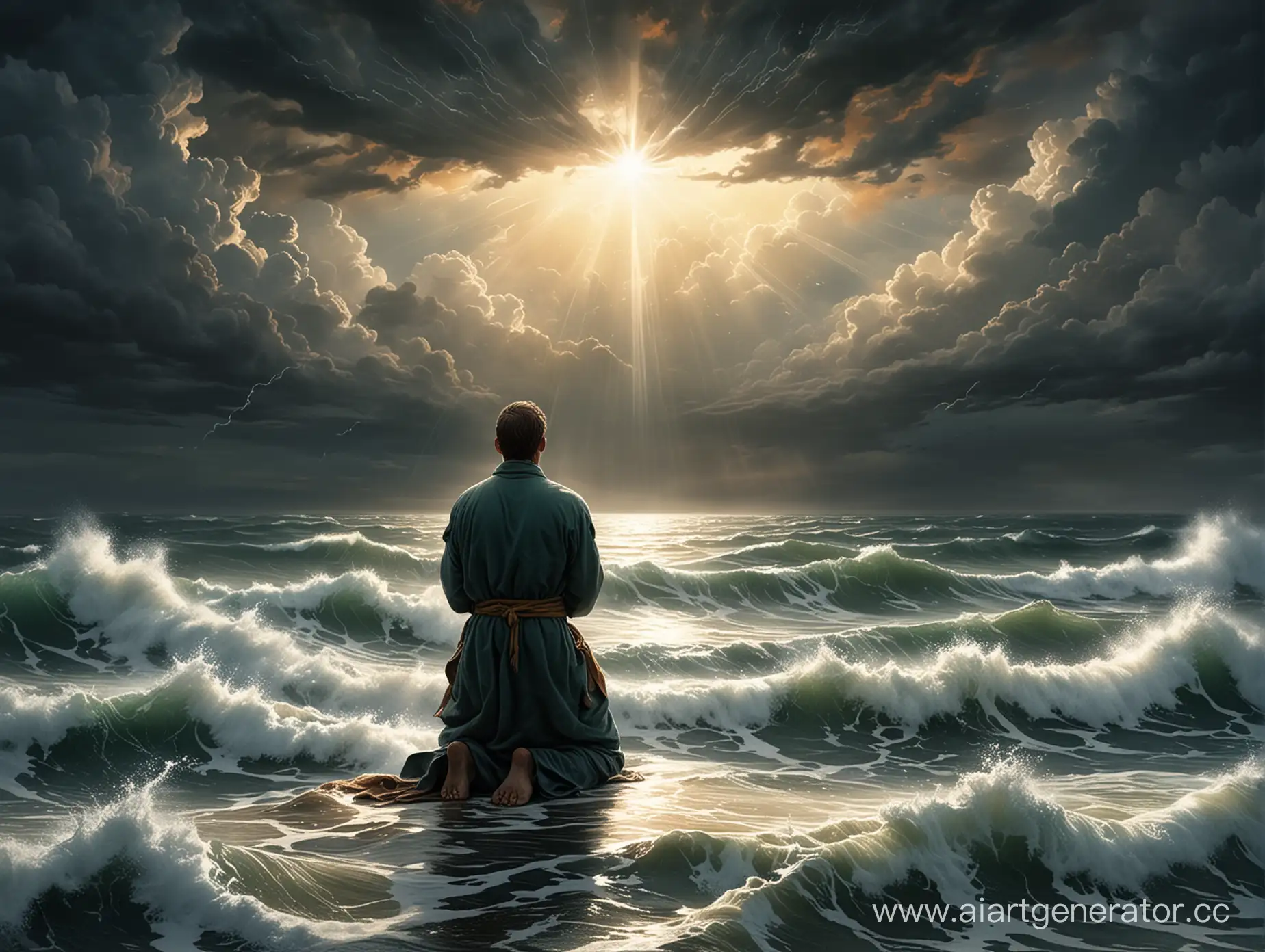 /imagine prompt: An e-book cover featuring a solitary figure kneeling in prayer amidst a stormy sea, with crashing waves and dark clouds overhead, symbolizing the struggle to find peace in the midst of life's storms. The title "Surrendering to God: Finding Strength in Prayer" is displayed in bold, dramatic typography, with rays of light breaking through the clouds, representing hope and divine intervention. The cover is rendered in a digital painting style, with dynamic brushstrokes and vivid colors, capturing the intensity of the scene. --ar 16:9 --v 5
