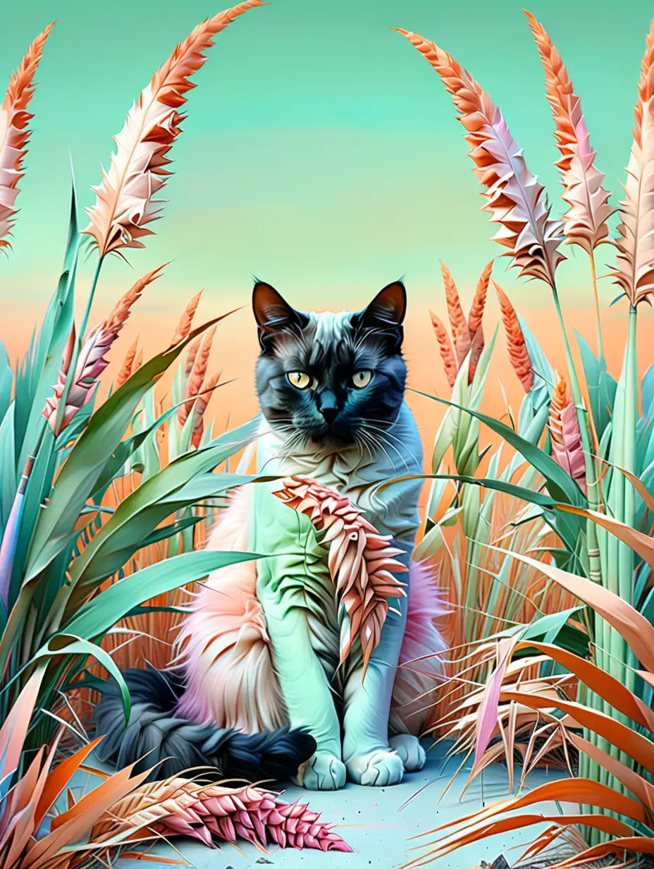 Surreal Cat Amidst Pampas in Pastel Wonderland