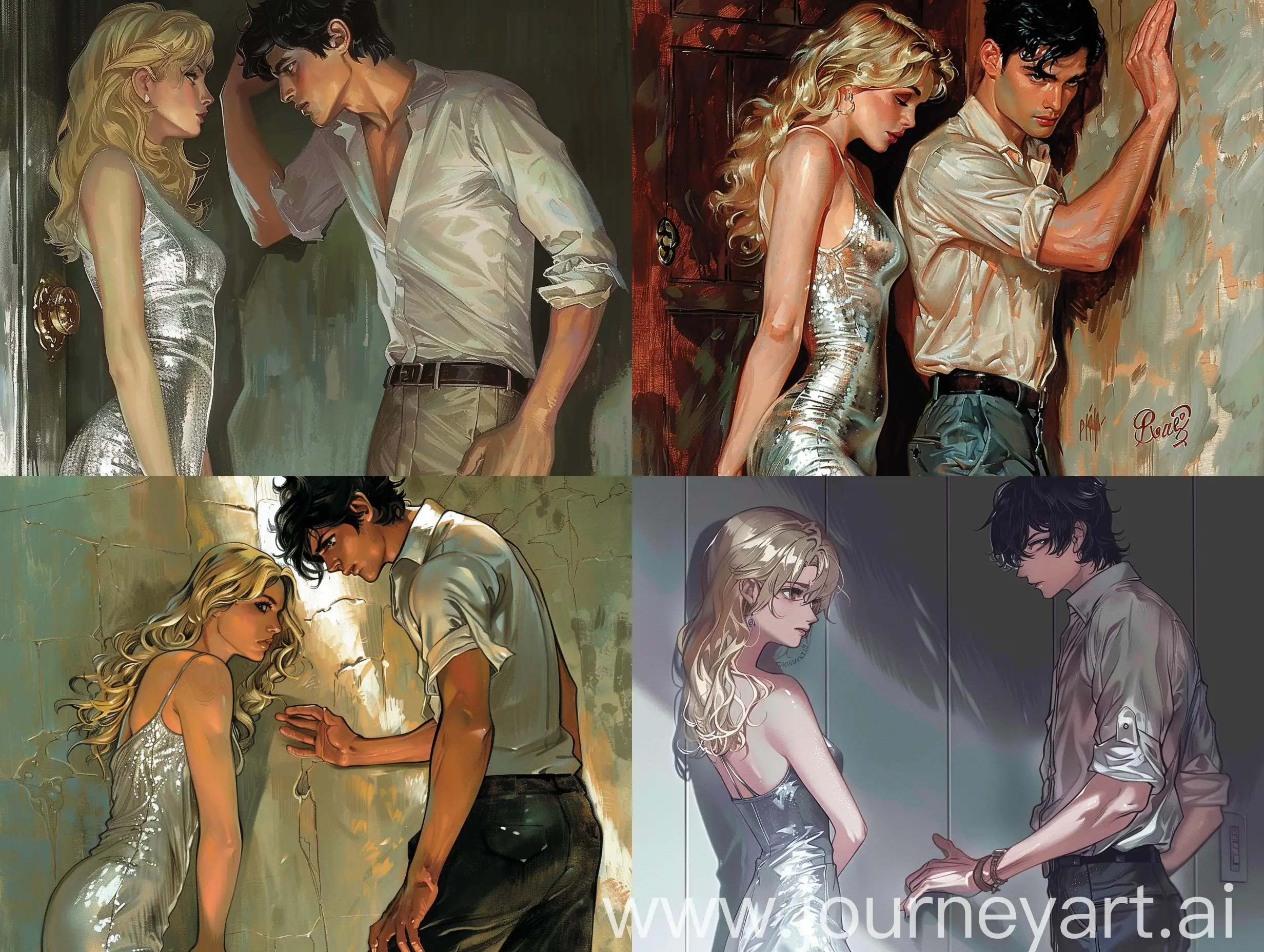 The cover shows a girl, a blonde, looking at the guy from the bottom up, the guy is standing next to him, leaning his hand against the wall. Dressed in evening outfits, a guy in a shirt and trousers, a girl in a white silver dress. The guy is dark-haired. --v 6 --ar 4:3 --no 46221