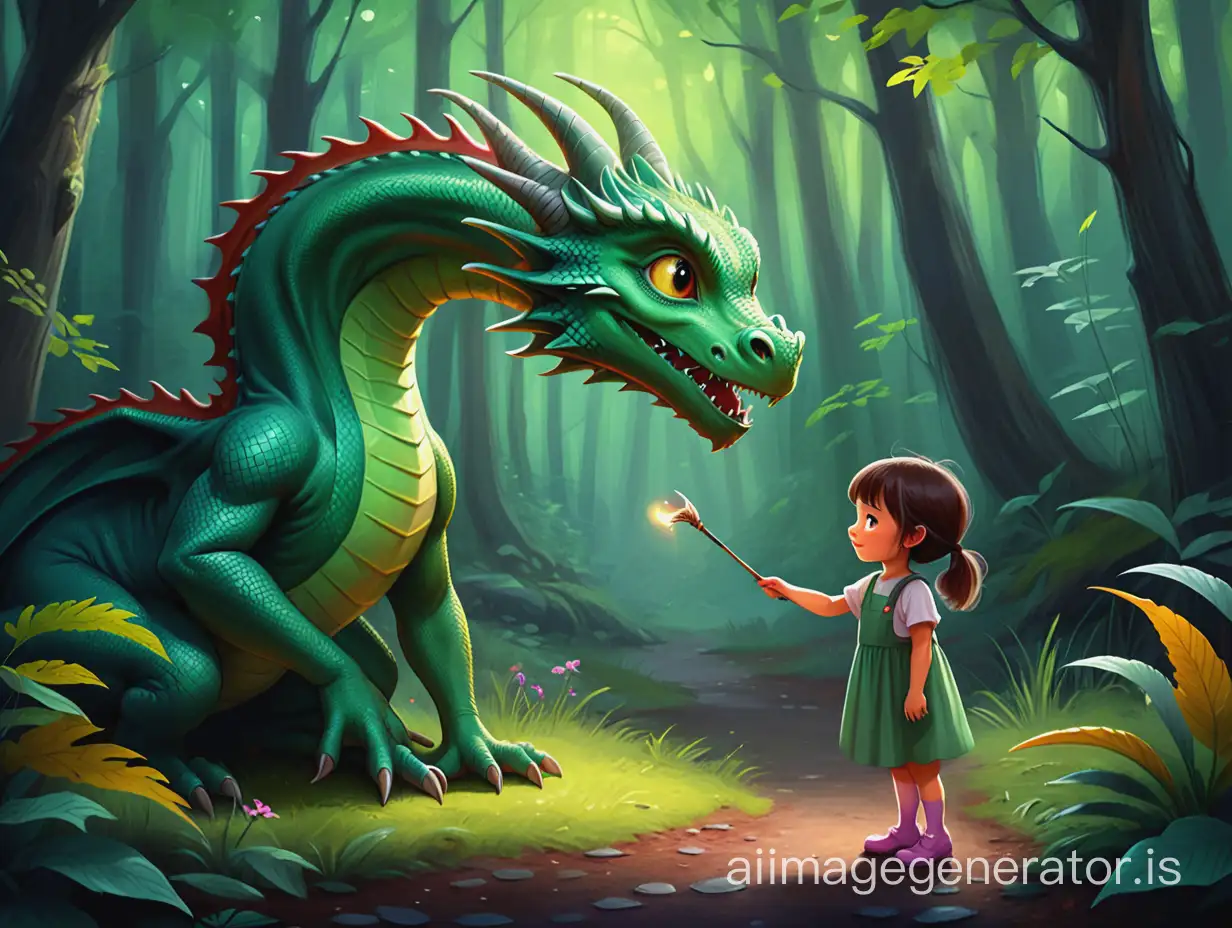 You are a professional painter.
Write a picture of a story for children. The ratio of the picture is 16:9.
The content of the picture is as follows
A little girl meets a very small child dragon in the forest. The dragon is drawn smaller than the girl.
The dragon and the girl have an adventure together and deepen their friendship.