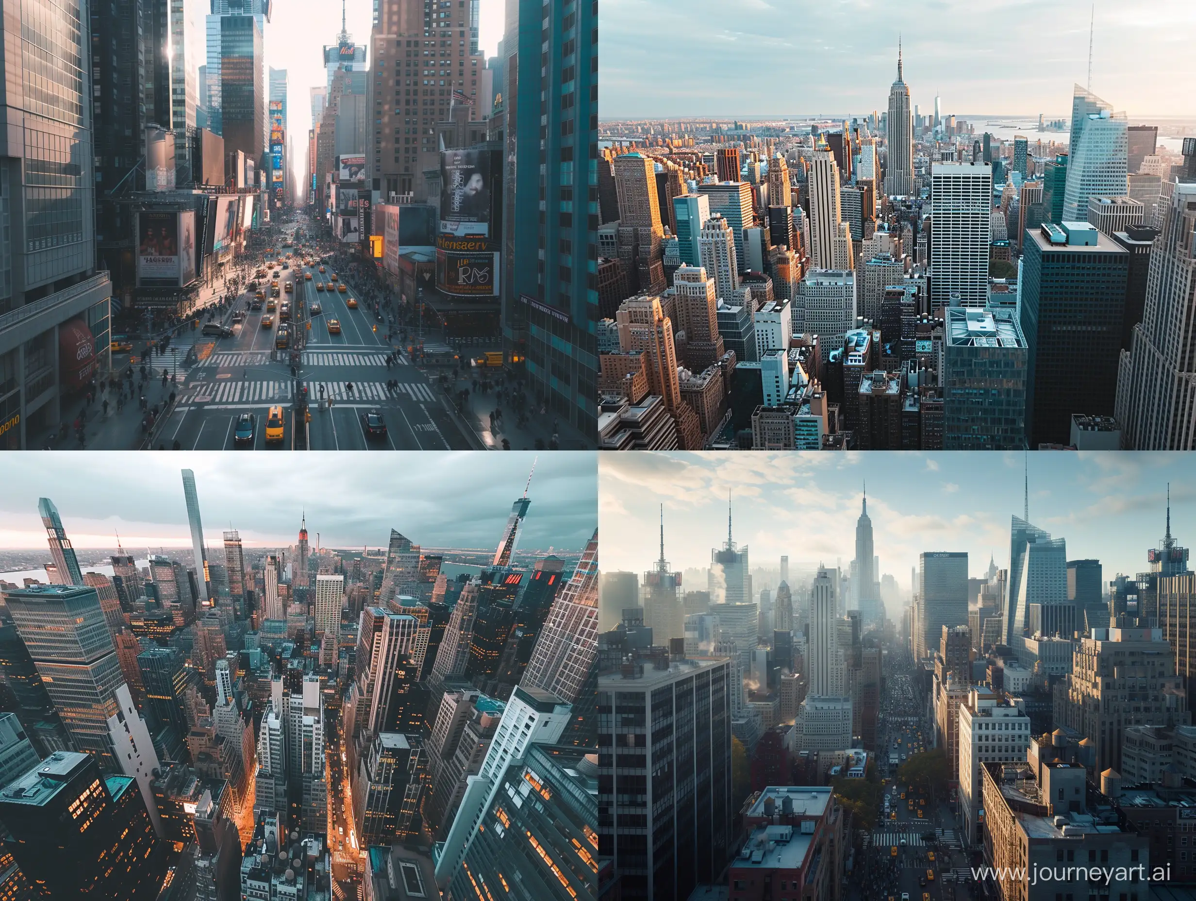 a bustling new new york city, the photo is bathed in natural lighting, day time setting. Shot in 4k with a high end DSLR camera. such as a Canon EOS R5 with a 50mm f/1. 2 lens, architecture, drone view, skyline, 