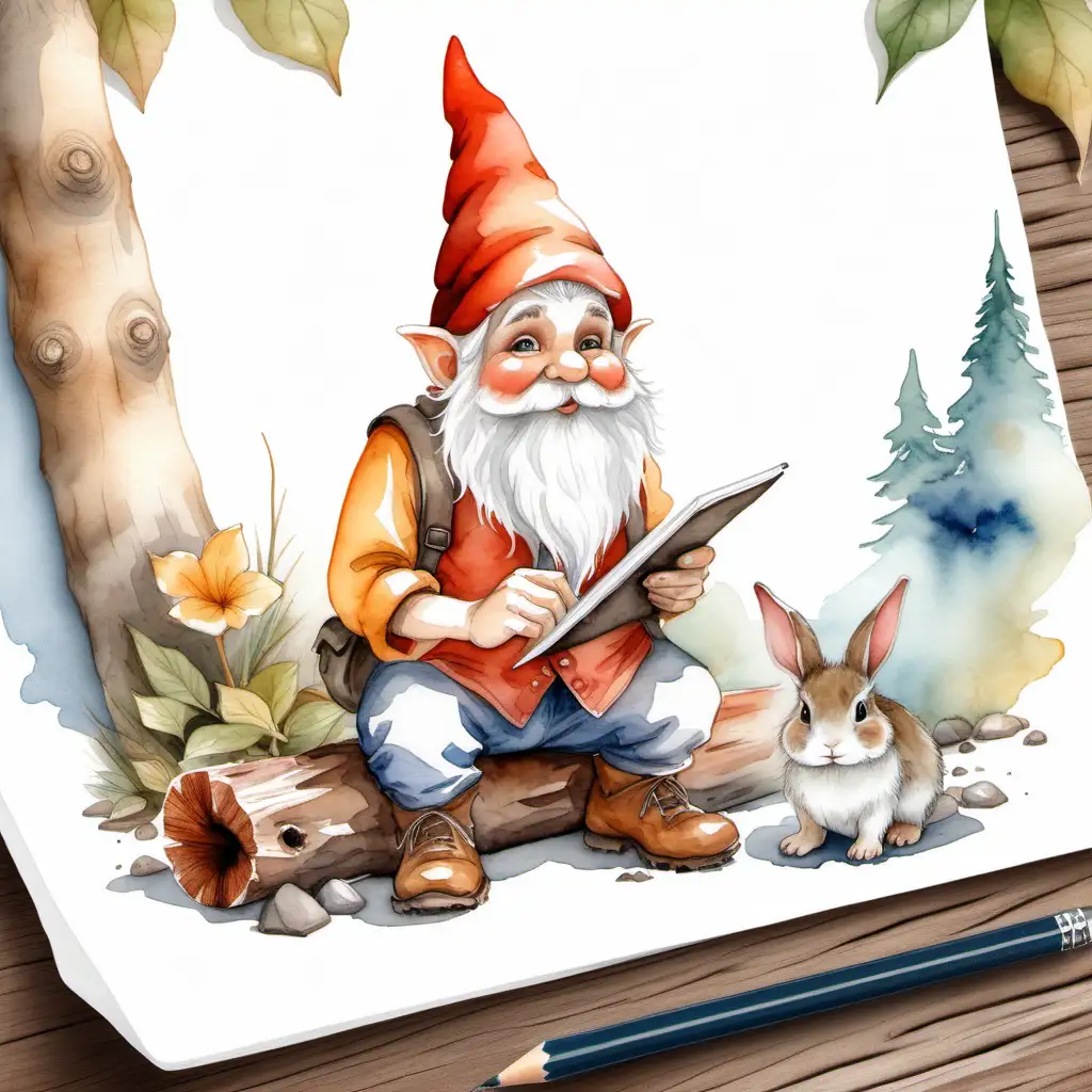 watercolor style, a gnome with a white beard sits on a log and holds a pencil and pad of paper. a small brown bunny sits on the ground near his feet. the background is white.