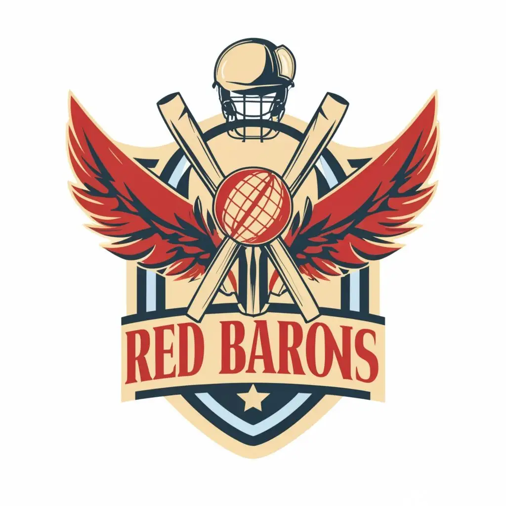 logo, triplane with cricket bat wings and cricket ball background, with the text "Red Barons", typography, be used in Sports Fitness industry