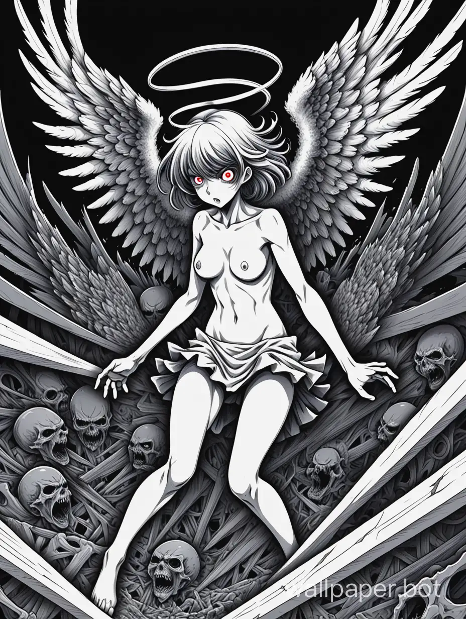 anime horror, fallen angel, grotesque explosion of rage, linear art, hyper-detailed anime art,