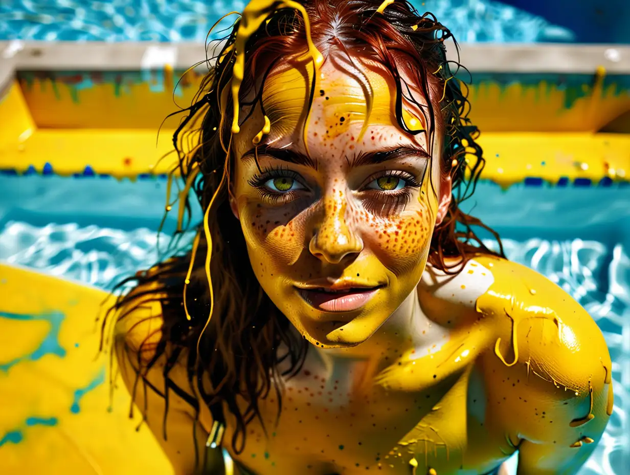 Freckled Woman Covered in Yellow Paint Standing in Empty Swimming Pool