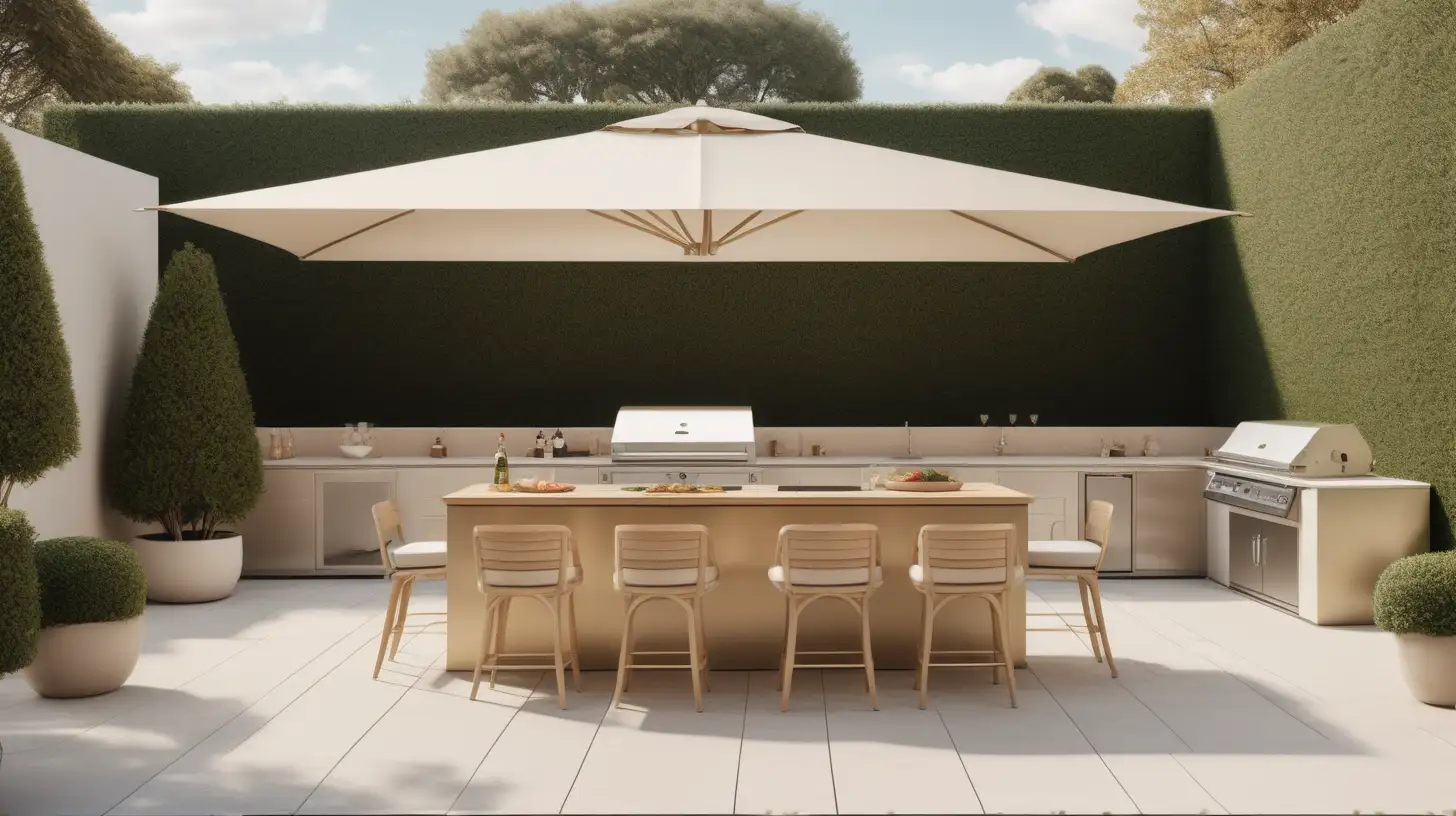 Hyperrealistic image of a modern Parisian estate undercover outdoor entertaining area; bbq; surrounded by gardens; view of the pool;  beige, light oak, brass, ivory colour palette