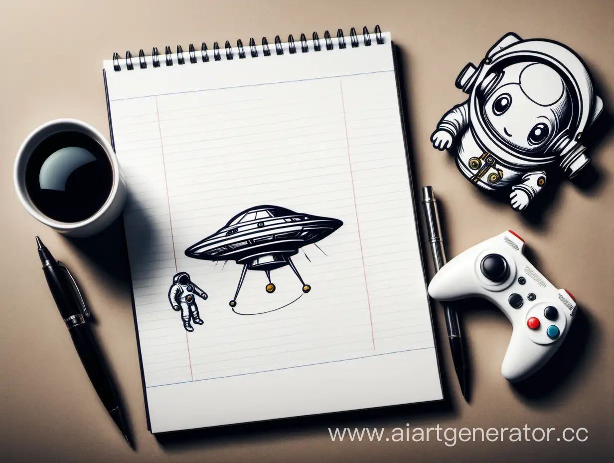 Cosmonaut-and-Flying-Saucer-Drawing-with-Inkwell-and-Gamepad