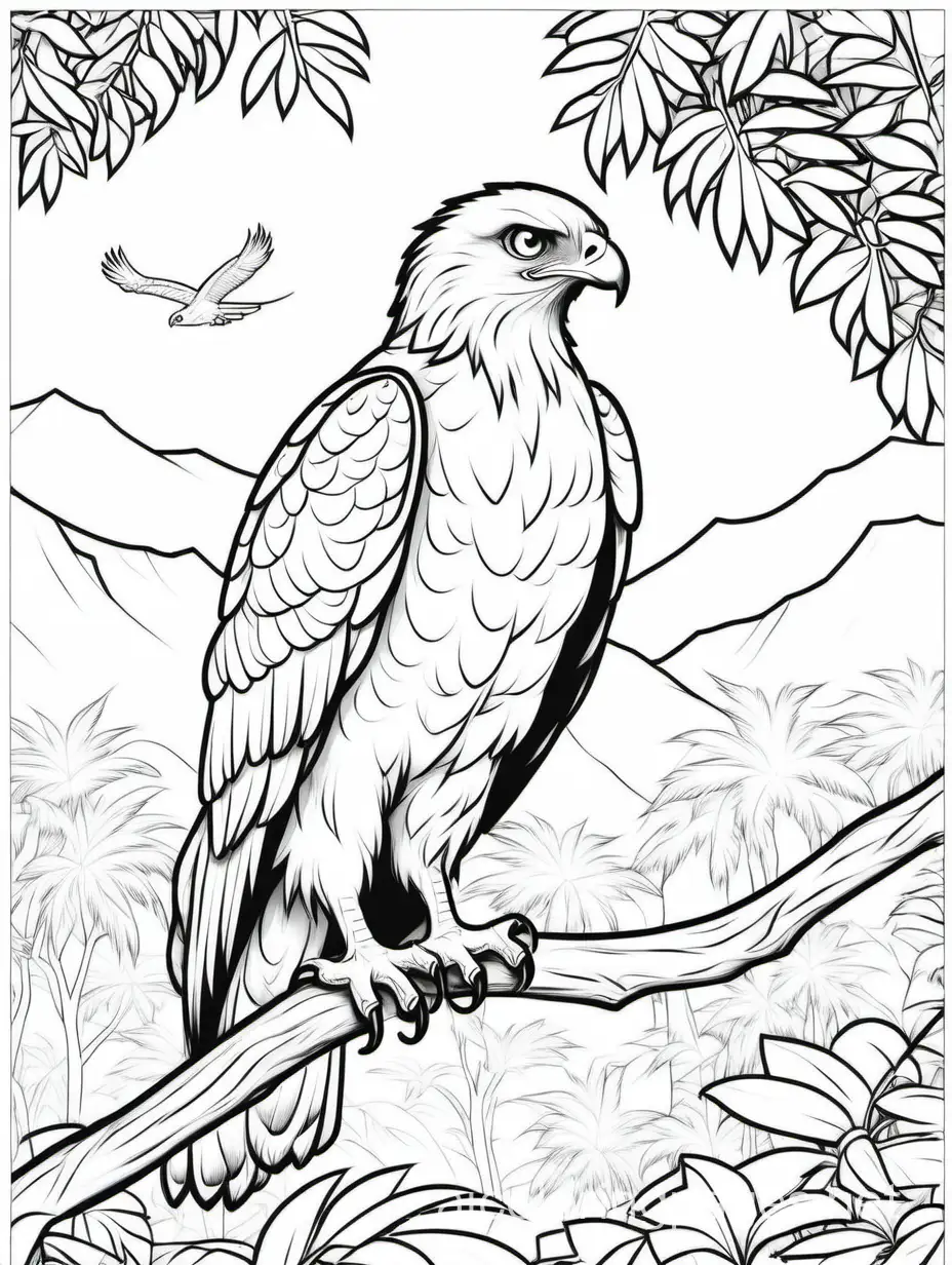 Hawk in a tree, jungle background, Coloring Page, black and white, line art, white background, Simplicity, Ample White Space. The background of the coloring page is plain white to make it easy for young children to color within the lines. The outlines of all the subjects are easy to distinguish, making it simple for kids to color without too much difficulty