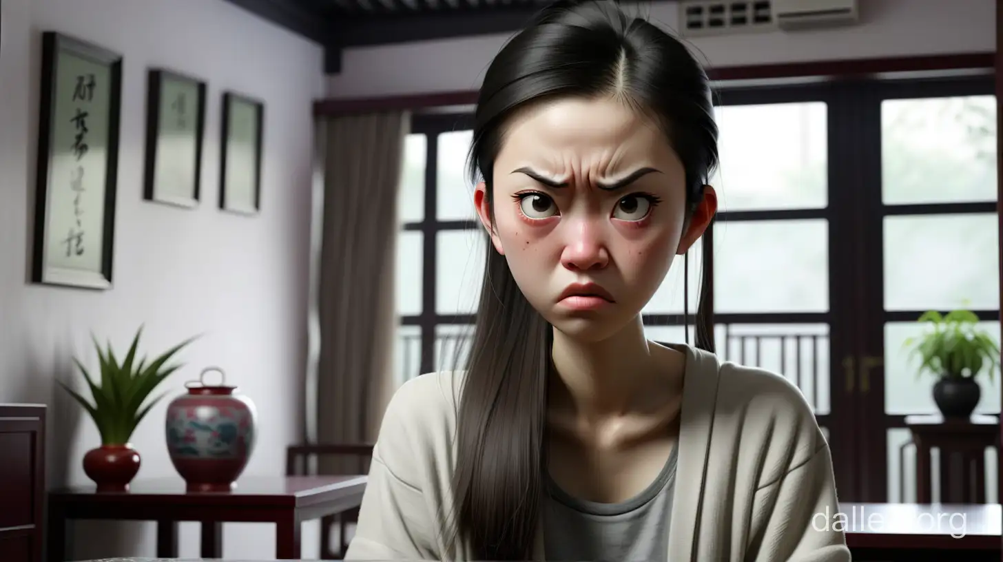 清城，现代屋内，一个中国年轻女人一脸不满的样子