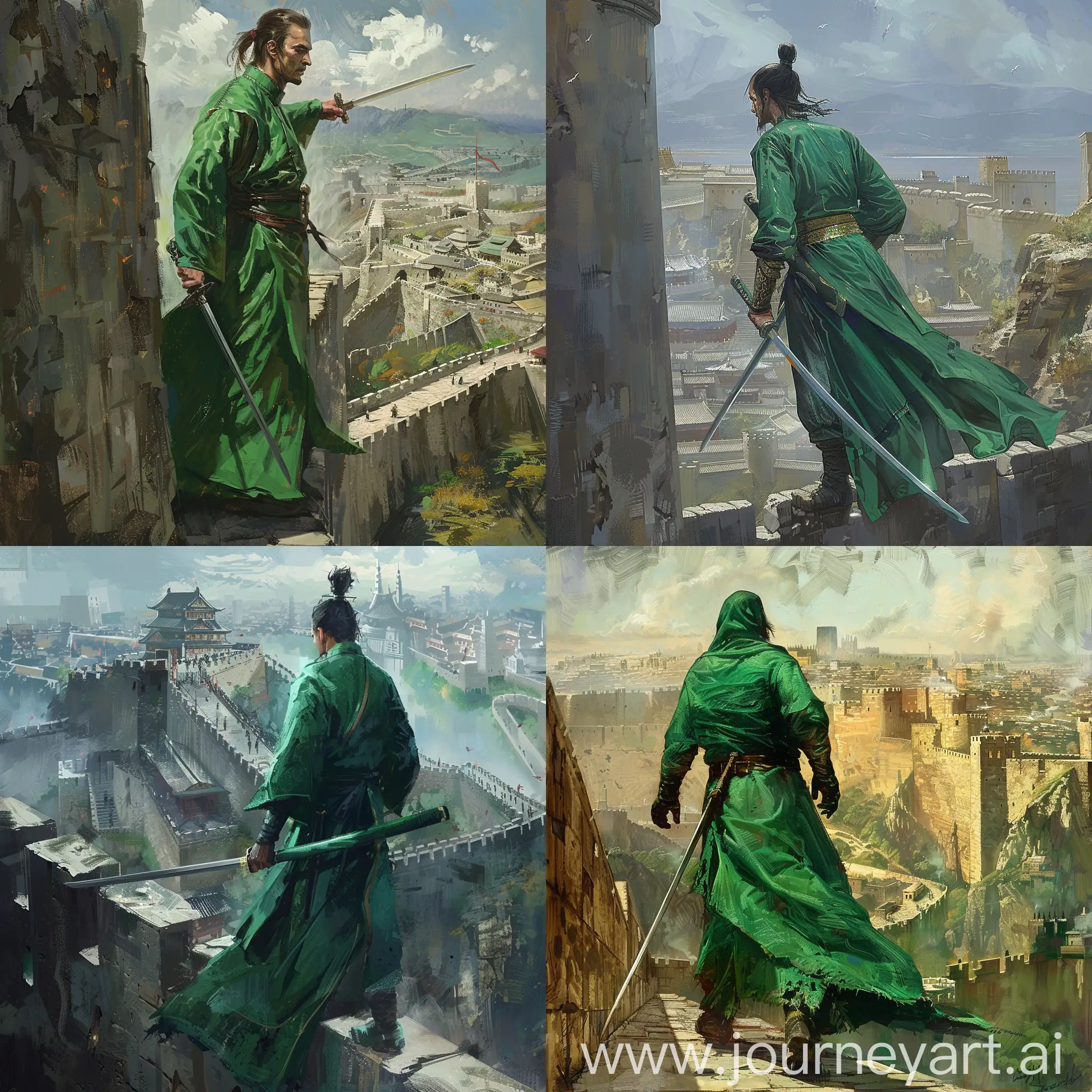 Swordsman-in-Green-Robe-Defending-City-Walls