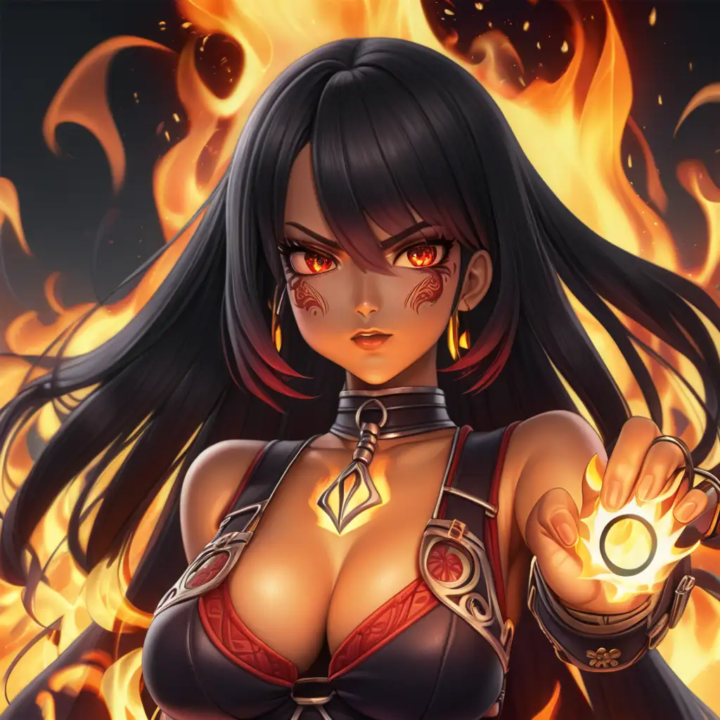 Sinister Latina Anime Sorceress Conjuring Flames