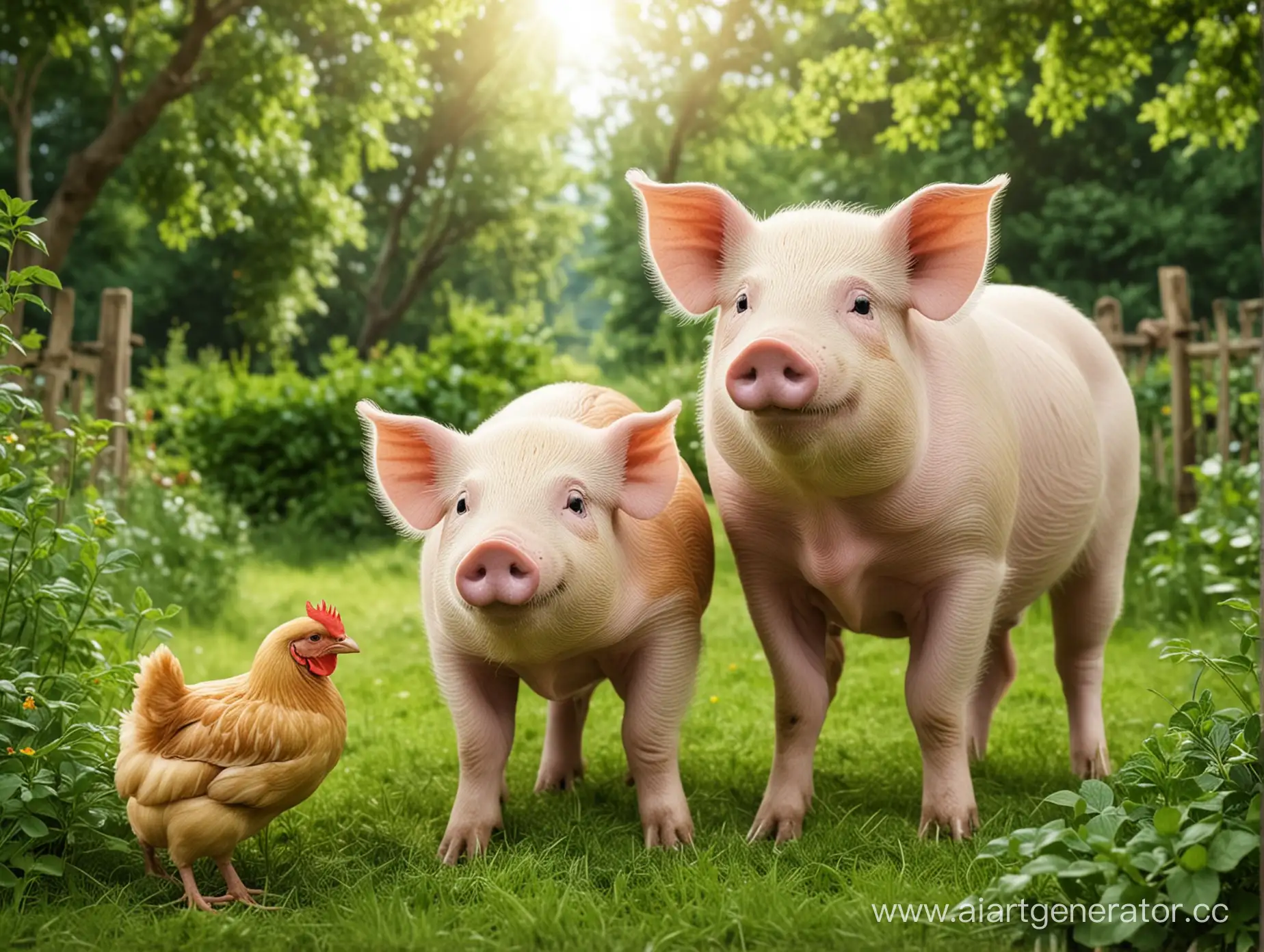 Сгенерируй красивую свинью вместе с курицей на фоне зелени 