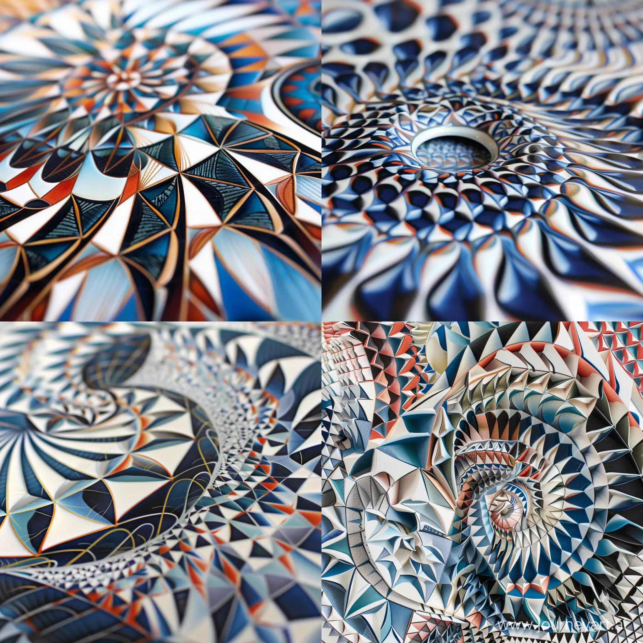 A close-up of an Op Art inspired ceramic piece. The design is intricate and geometric, creating a hypnotic effect. The colors are vibrant and contrasting, with a focus on blues, whites, and reds. --v 6 --ar 1:1 --no 10883