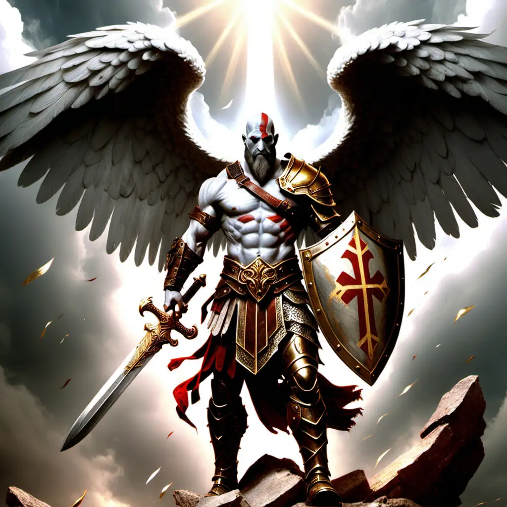 Kratos Angel wearing Armor of God, with a sword and shield