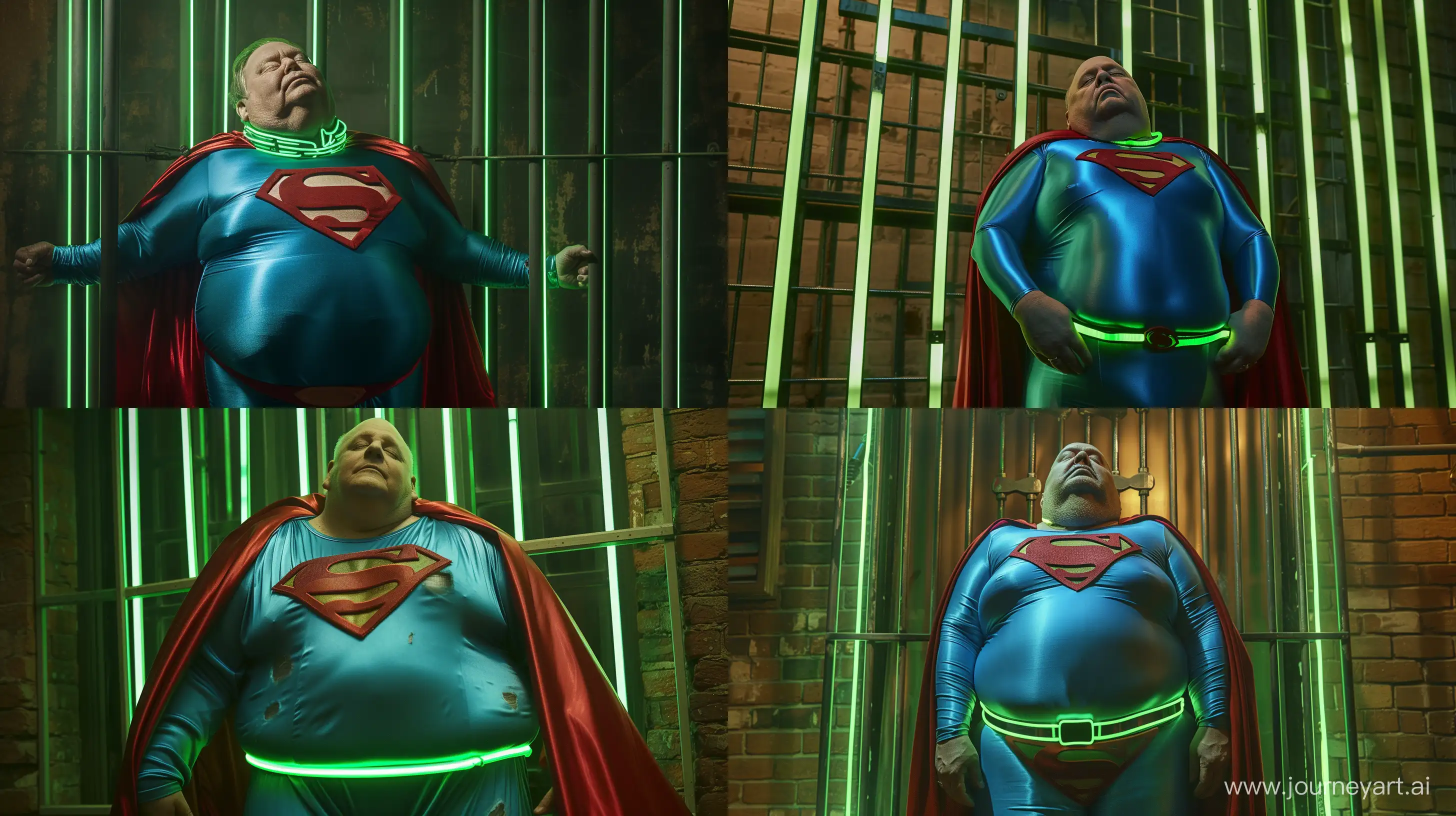 Photo of a fat man aged 60 wearing a silk blue superman tight costume with a big red cape and a tight green glowing neon dog collar. Sleeping standing up against green glowing green bars. Inside. Natural light. --style raw --ar 16:9