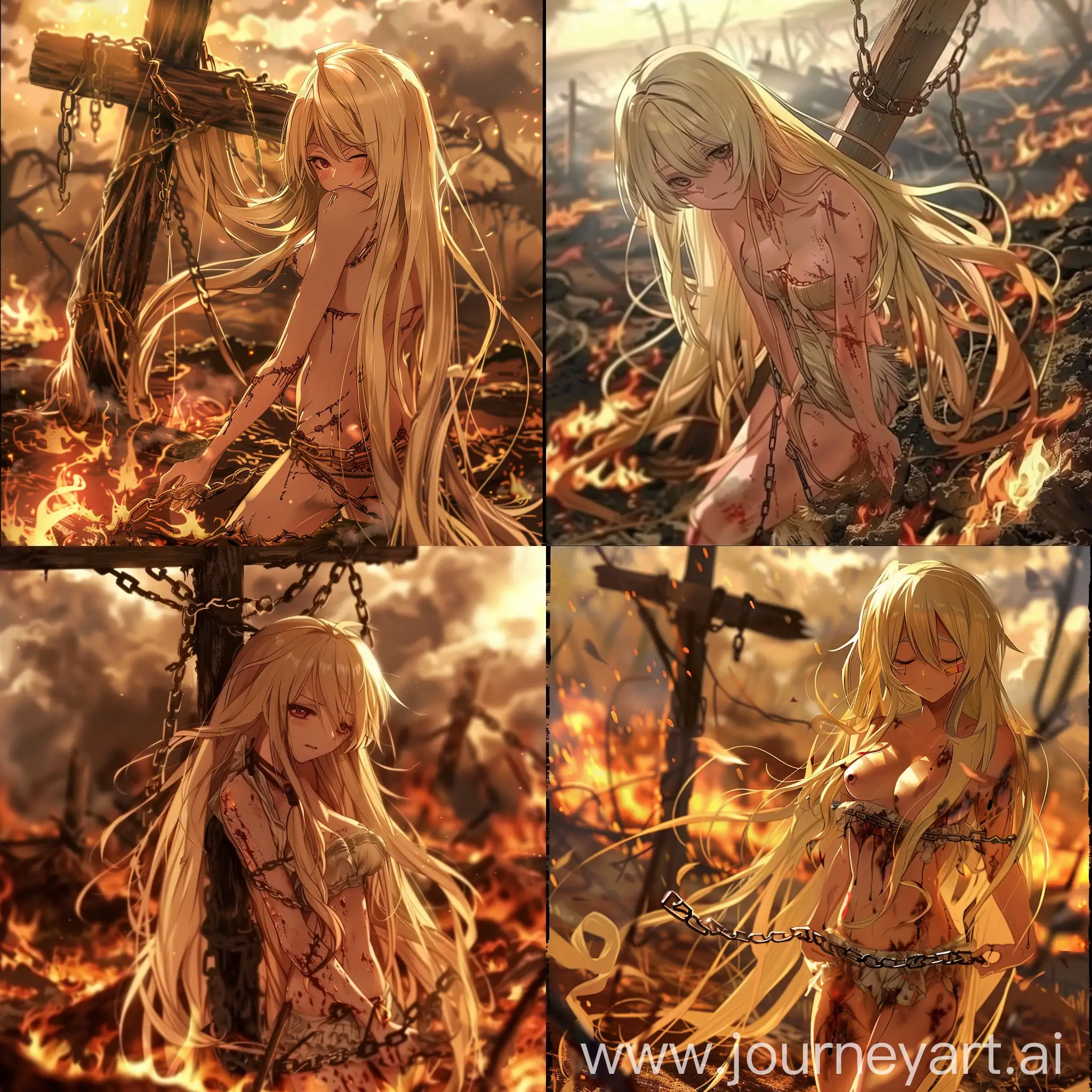 anime style, blonde woman with little to wear is looking down and chained to a cross like jesus, extremely long blonde hair covering the ground, burnt and scorched land, everything is burning,