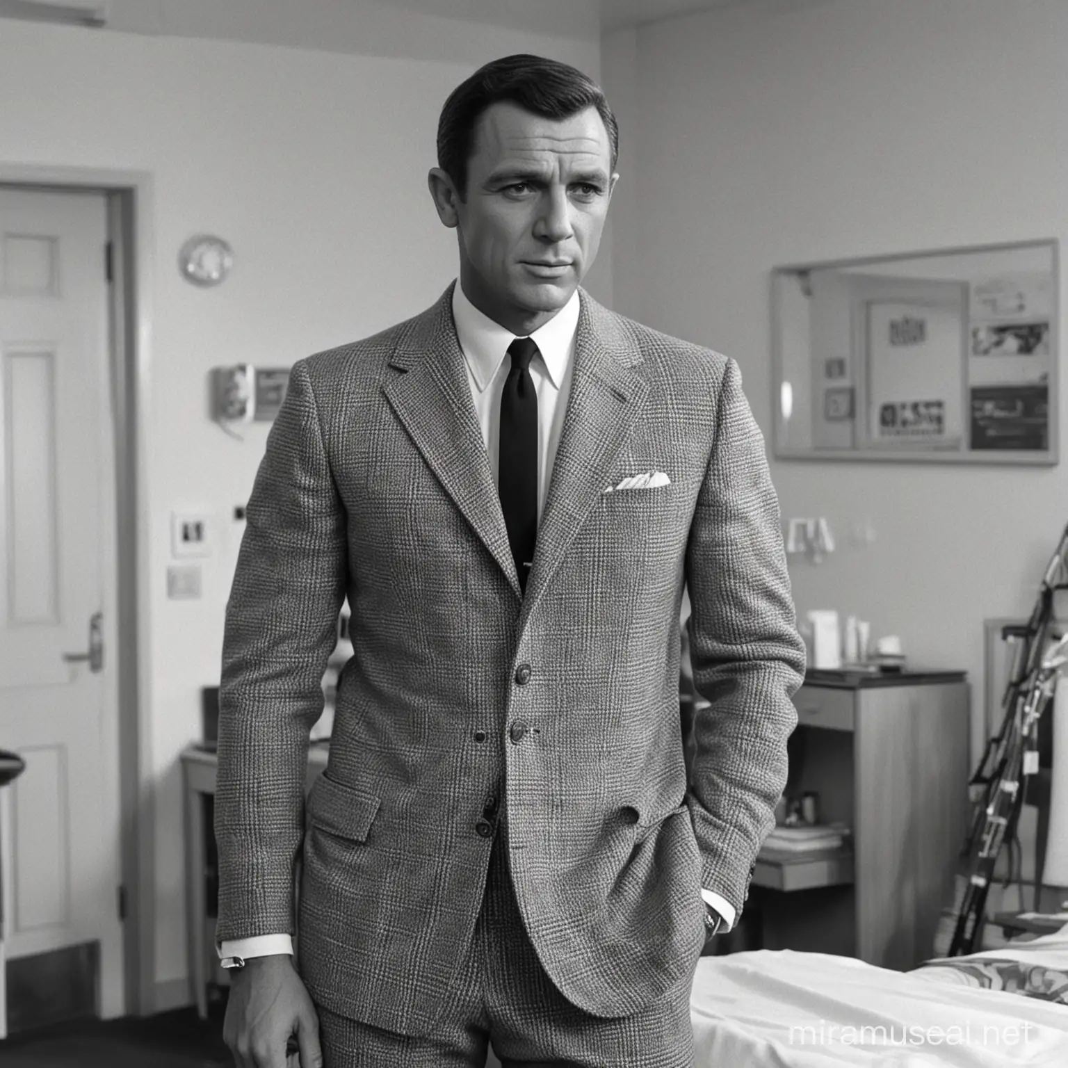James Bond in shrublands clinic, April 1964. Wearing his black and white houndstooth suit.