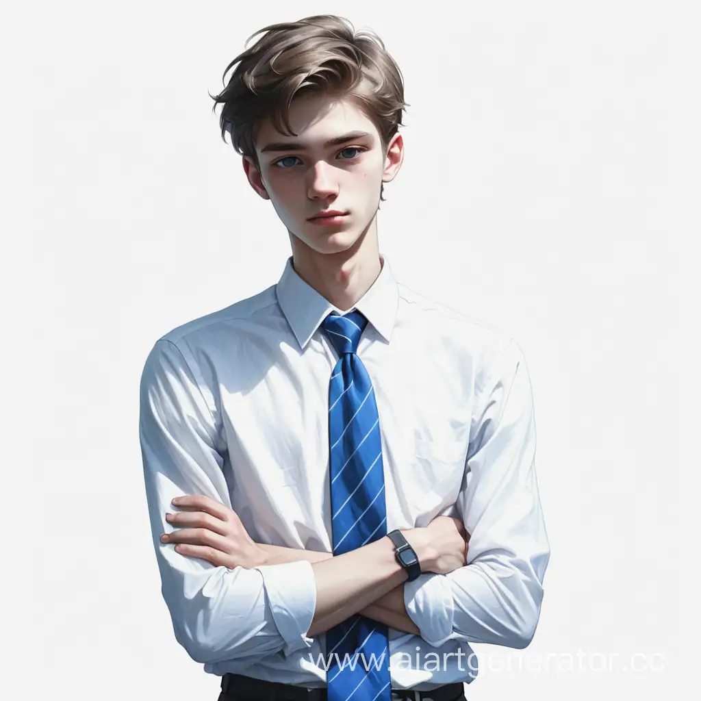 Рисунок молодого парня худощавого телосложения лет 20 в белой рубашке и синем галстуке со скрещенными на груди руками