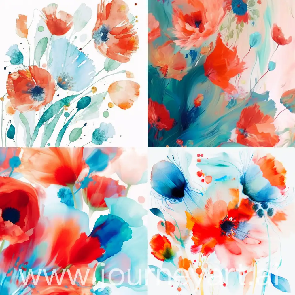 Blue Red Orange Green White, Boho Floral Abstract, Poppies Posies Flowers Feathers Aesthetic Water colors look
