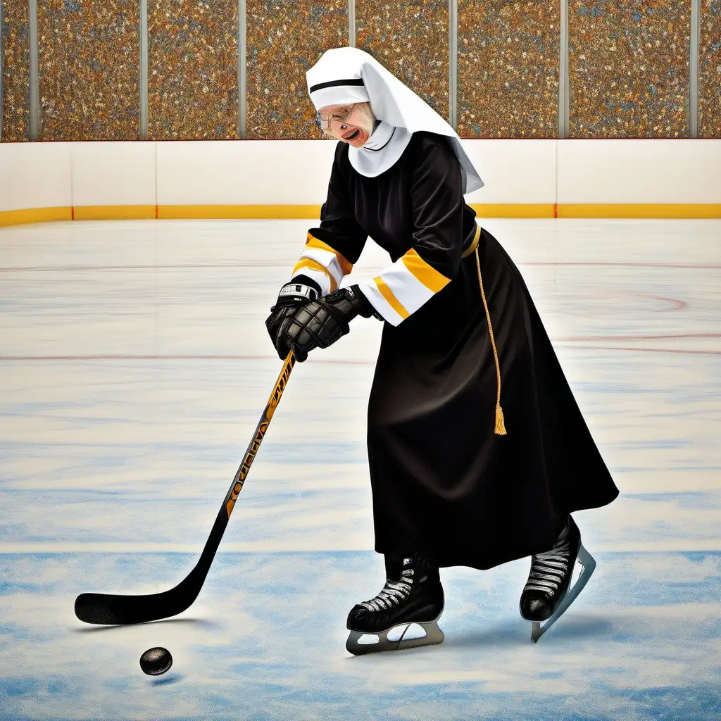 Playful Catholic Nun Enjoying Psychedelic Ice Hockey in Gustav Klimt and Jackson Pollock Style