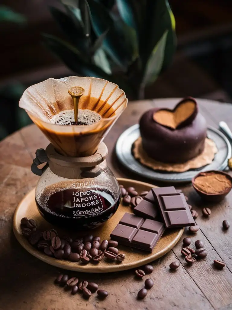 Artisanal Japanese Syphon Coffee Maker and Specialty Chocolates on Rustic Wooden Table