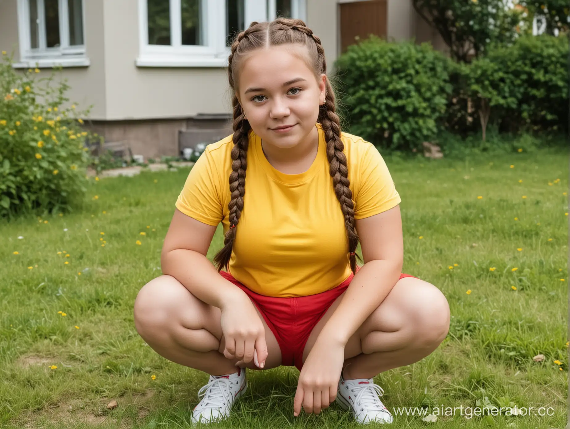 Charming-Overweight-Girl-with-Braids-Squatting-on-Lawn