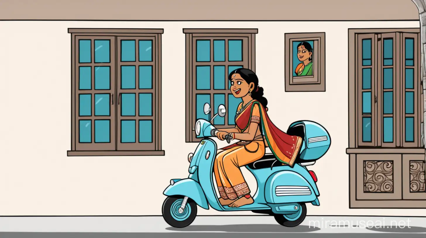 An Indian woman riding a scooter outside a window.  Please make the image cartoon type.