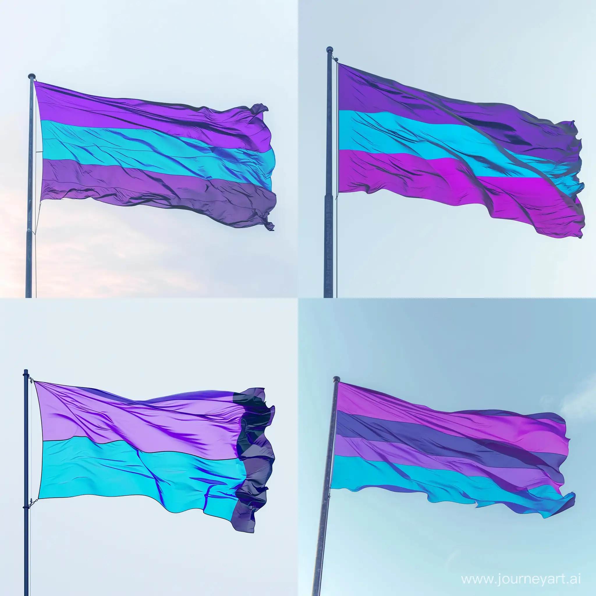 Флаг с фиолетовой, голубой и синей полосами по вертикали, развевающийся на ветру, минимализм