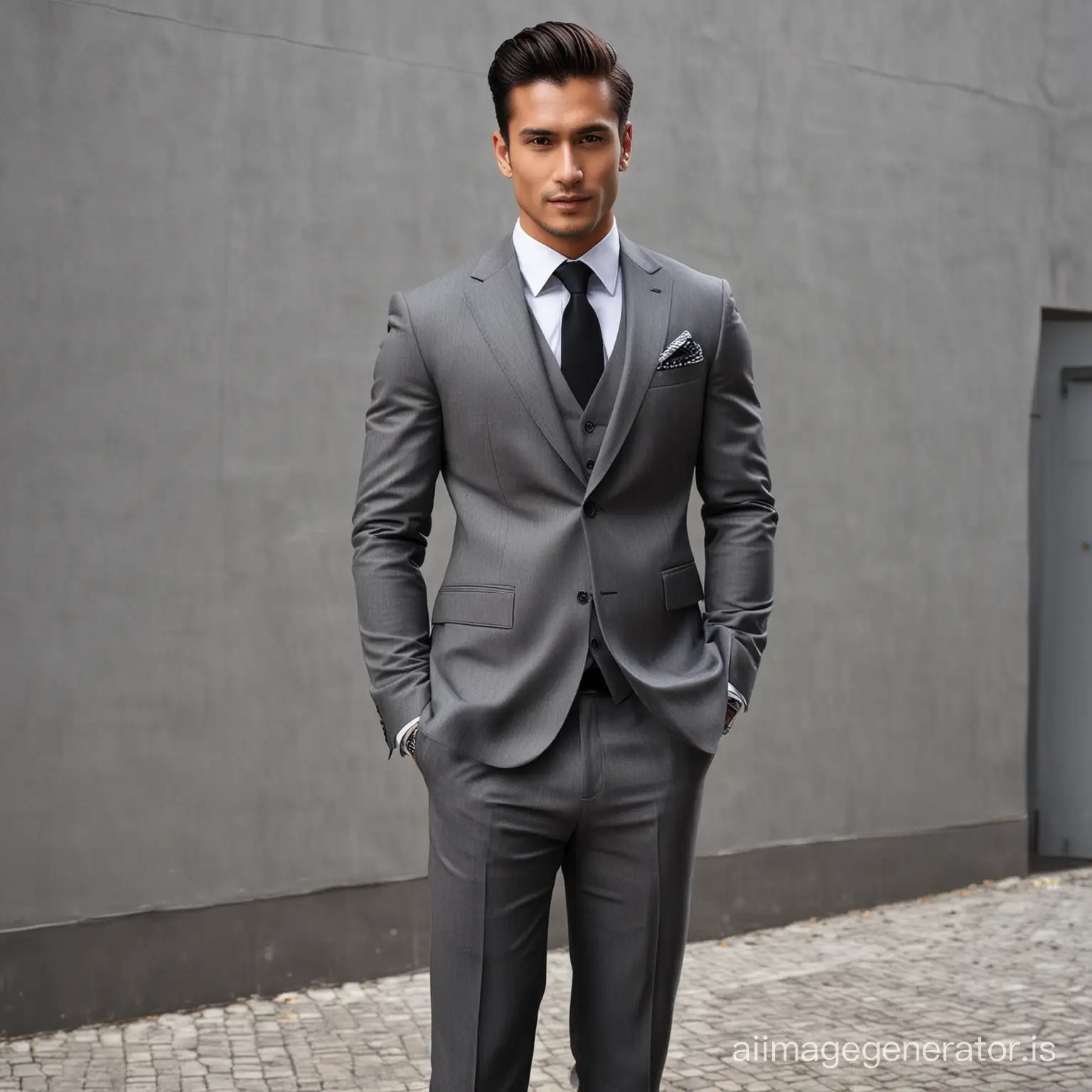 Handsome Businessman , malaysian grey colour 2 piece suit, black shirt
