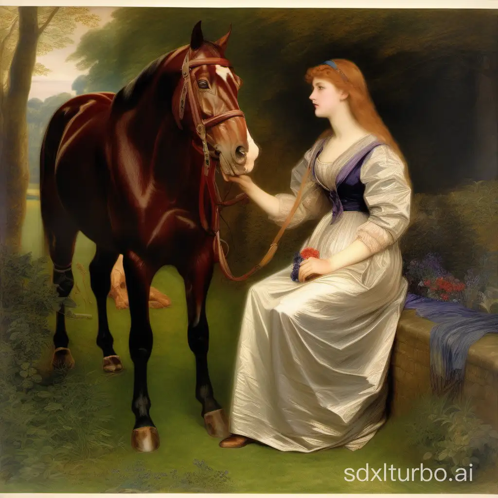 a painting of a woman with a horse and a dog, by Arthur Hughes, by Frank Montague Moore, by Wilhelmina Weber Furlong, by George Lambourn, by Charles Haslewood Shannon, by Sophie Anderson, by Edward Arthur Walton, by Dorothy Hood, by Frank Leonard Brooks, by John Frederick Herring, Sr., by Sophie Gengembre Anderson