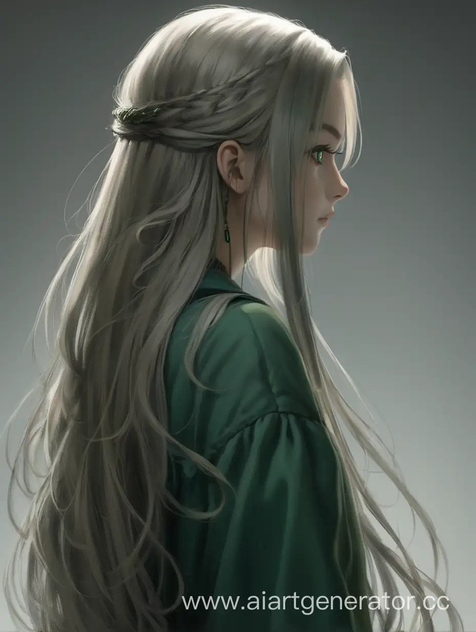 Девушка с длинными пепельными волосами и темно зелеными глазами стоит спиной с повернутой головой к плечу