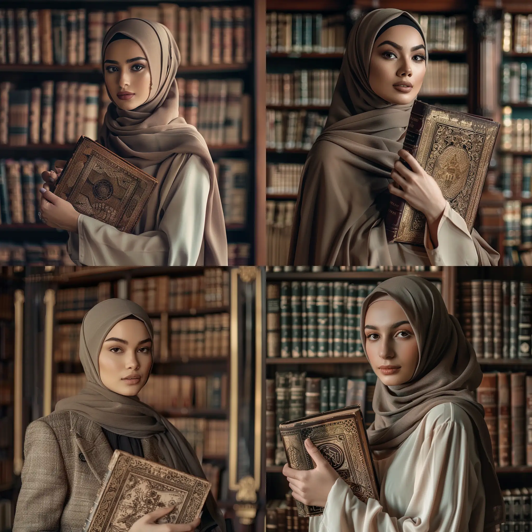 A sophisticated and stylish portrait of a young, Muslim bibliophile in a tasteful hijab, with a backdrop of a classic library. The photo captures her poised and contemplative expression as she holds a vintage book, showcasing her love for timeless literature