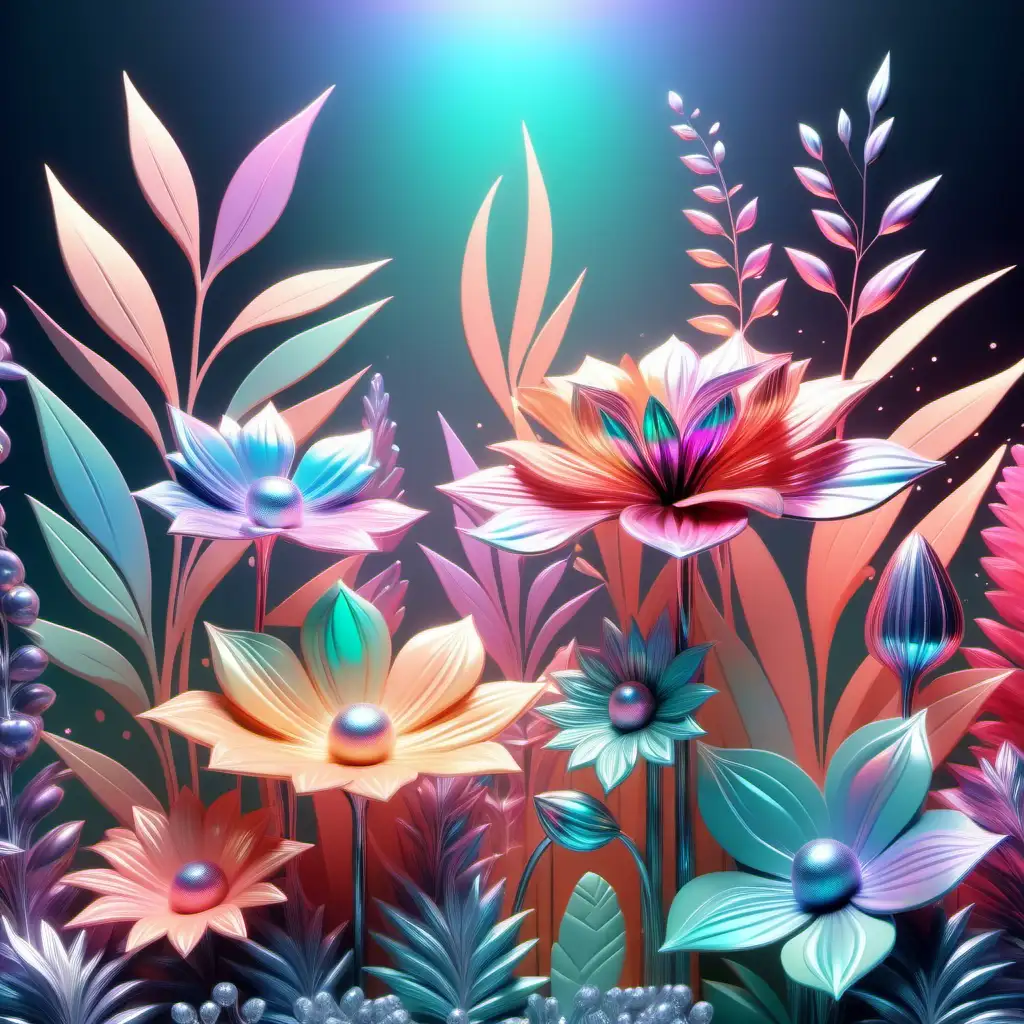 A vibrant garden scene featuring holographic abstract flowers and botanical elements, surrounded by soft pastel gradients and illuminated by a subtle 3D glow. Ultra detailed.