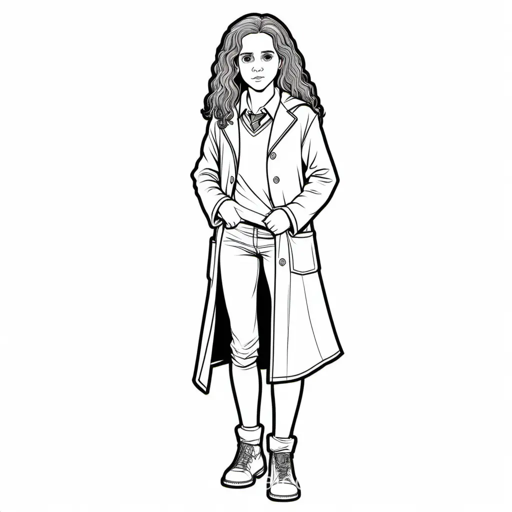 Hermione Granger full body adult, Coloring Page, black and white, line art, white background, Simplicity, Ample White Space. The background of the coloring page is plain white to make it easy for young children to color within the lines. The outlines of all the subjects are easy to distinguish, making it simple for kids to color without too much difficulty
